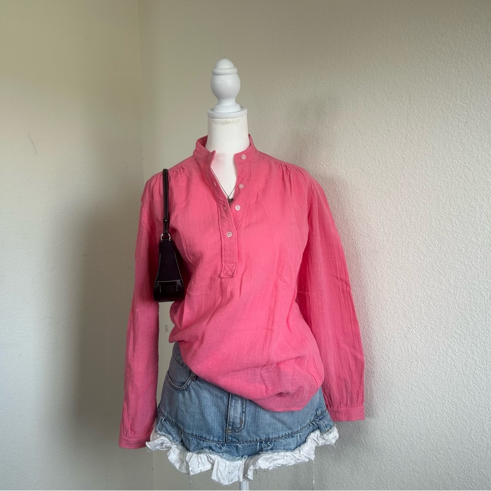 Vintage 70s Pink Cotton Gauze Blouse Lightweight Sheer Long Sleeve Small